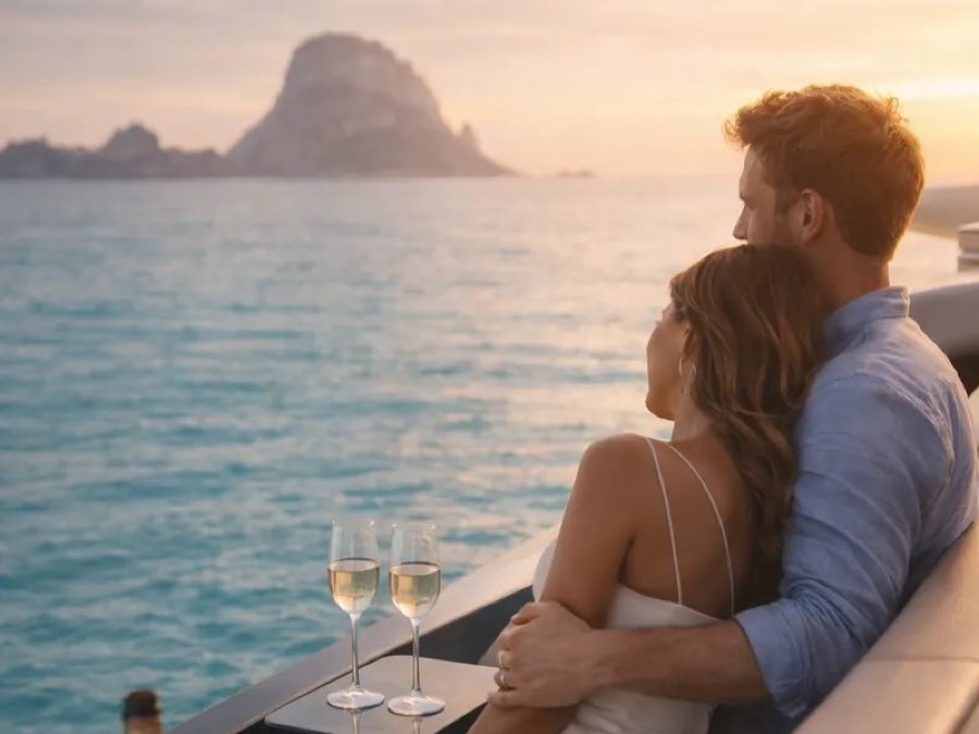 Pareja brindando al atardecer frente a Es Vedrà