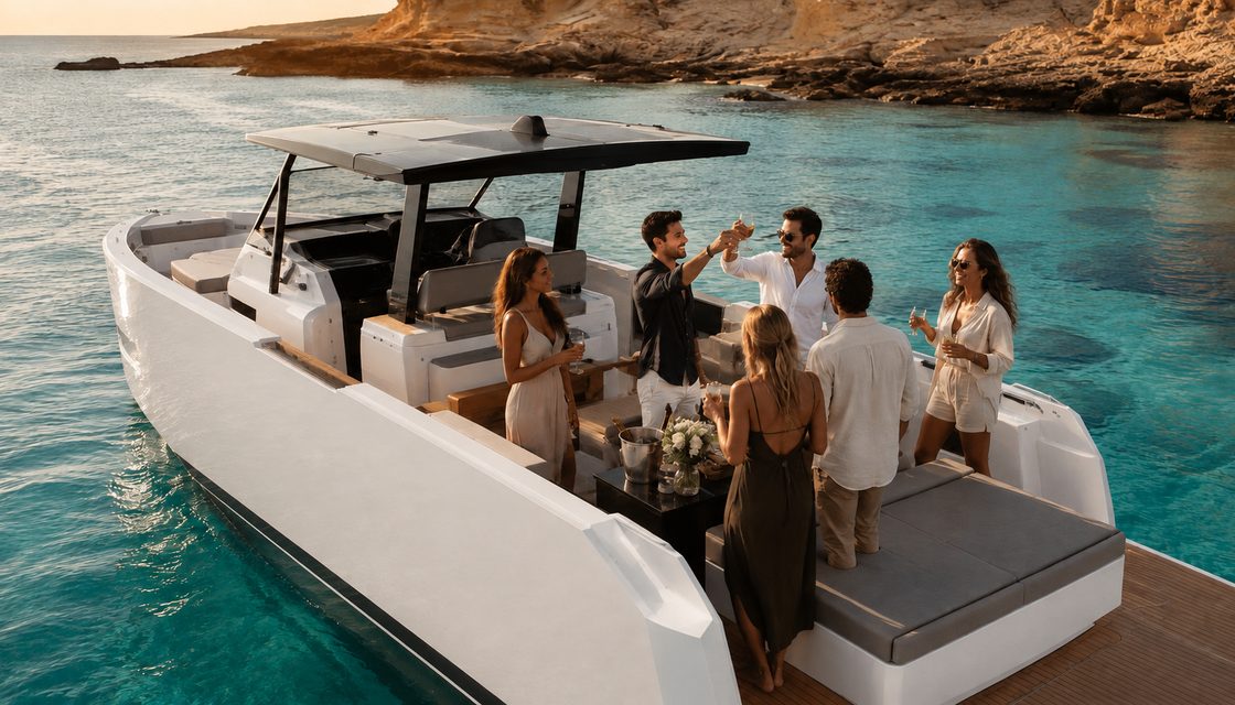 Grupo brindando en la bañera de un De Antonio al atardecer