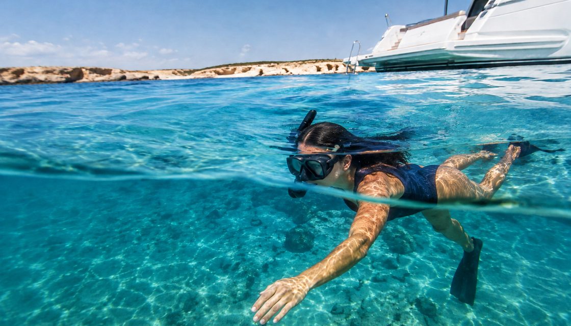 Nadando con máscara y tubo junto al barco en agua transparente